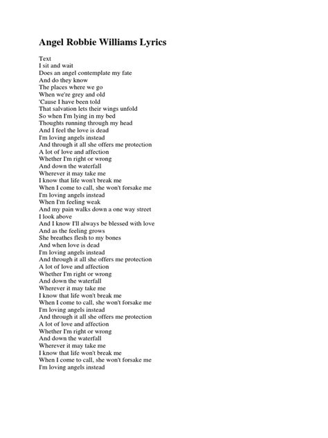 Lyrics for Angels by Robbie Williams .